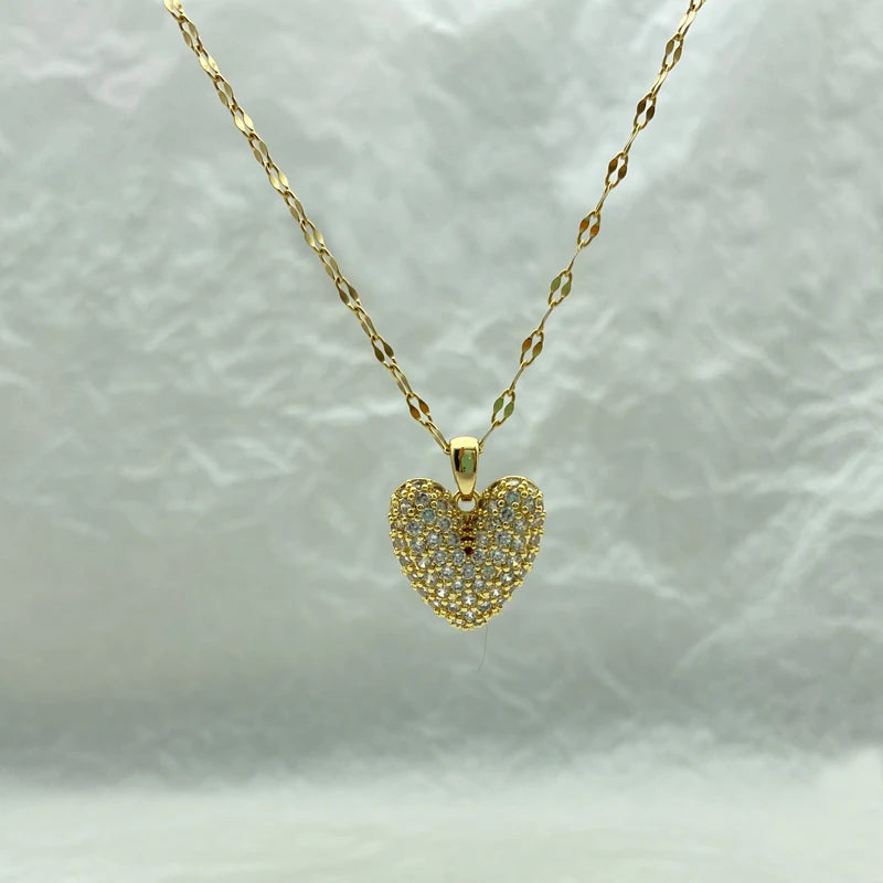 Big Heart Zircon Pendant Stainless Steel Gold Plated Necklace For Women