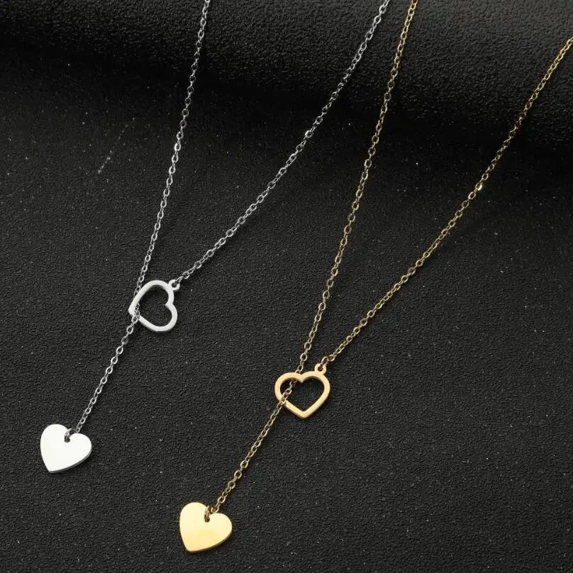 Stainless Steel Double Heart Lariat Y Necklace | 18K Gold | 45cm Chain