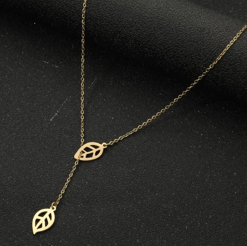 Gold Plated Hollow Leaf Lariat Y-Drop Necklace | Stainless Steel