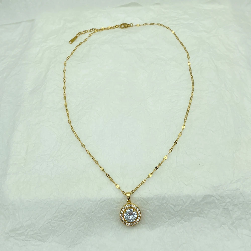 Gold Plated Round Zircons Stainless Steel Necklace For Women Gifts Fashion Jewerly Steel Necklace New In Simple Style