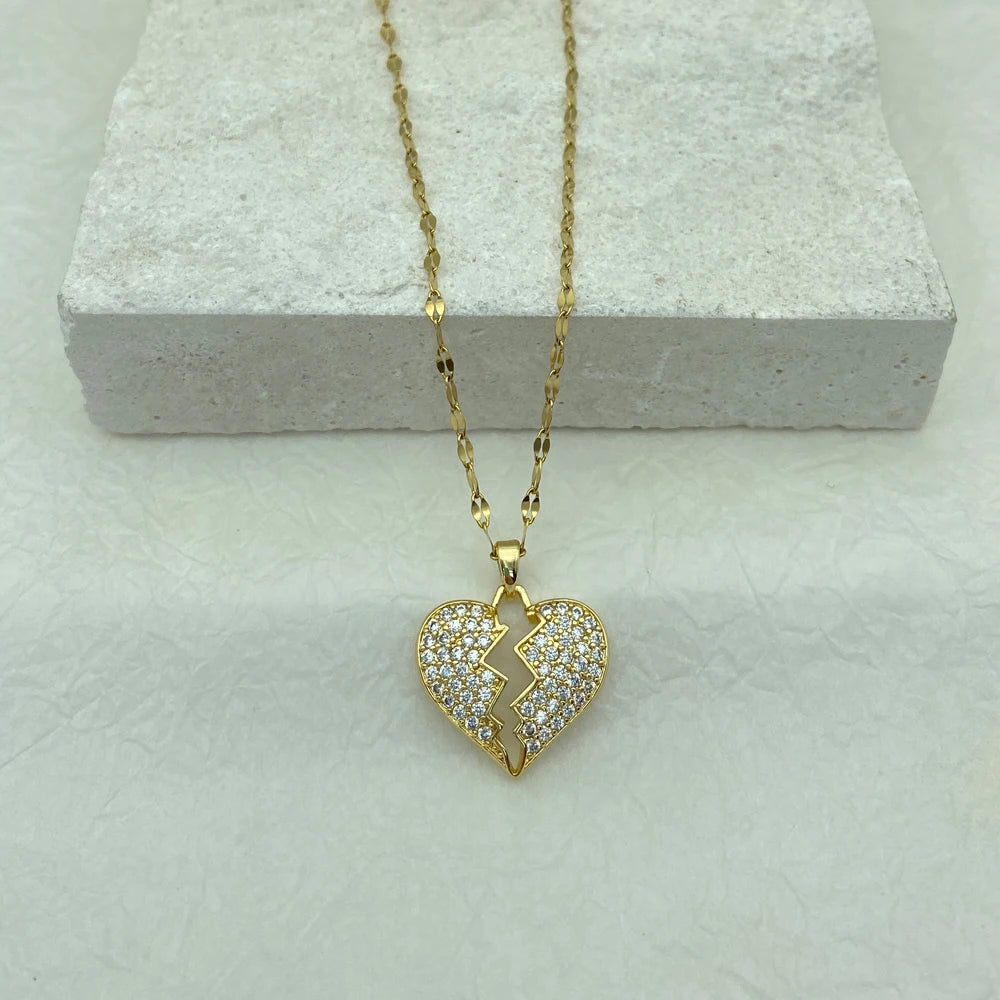 18K Gold Plated CZ Broken Heart Pendant Stainless Steel Necklace