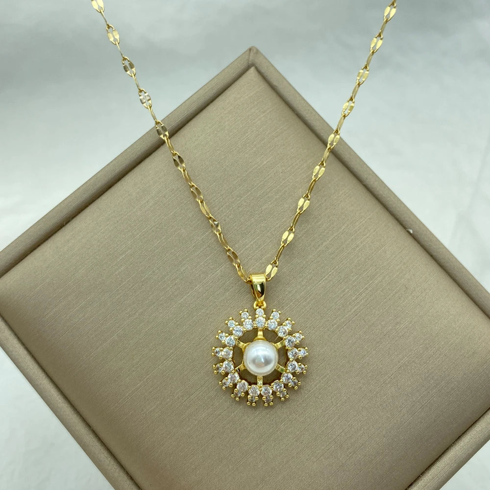 Pearl & CZ Pendant Necklace | 18K Gold Plated Stainless Steel