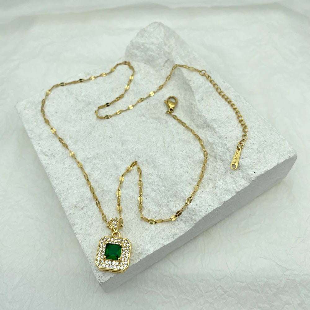 Gold Plated  Green Square Zircon Pendant Necklace For Women