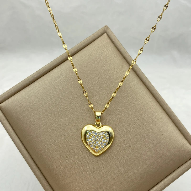 Gold Puffy Heart CZ Pendant Necklace | 18K Gold Plated Stainless Steel Chain