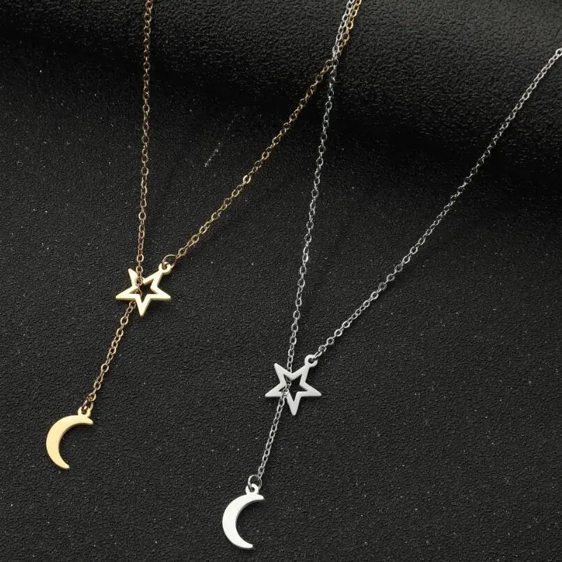 Star Moon Drop Lariat Necklace | 18K Gold Plated Stainless Steel