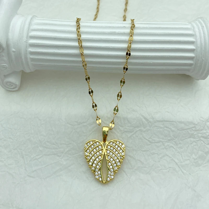 Gold CZ Angel Wing Heart Pendant Necklace | Stainless Steel Chain