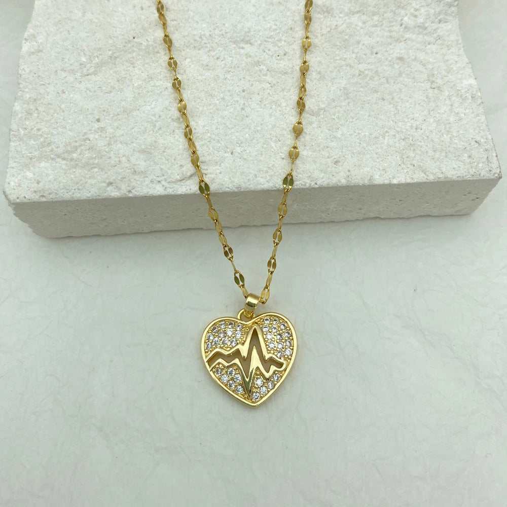 CZ Heartbeat Heart Pendant Necklace | Stainless Steel Chain