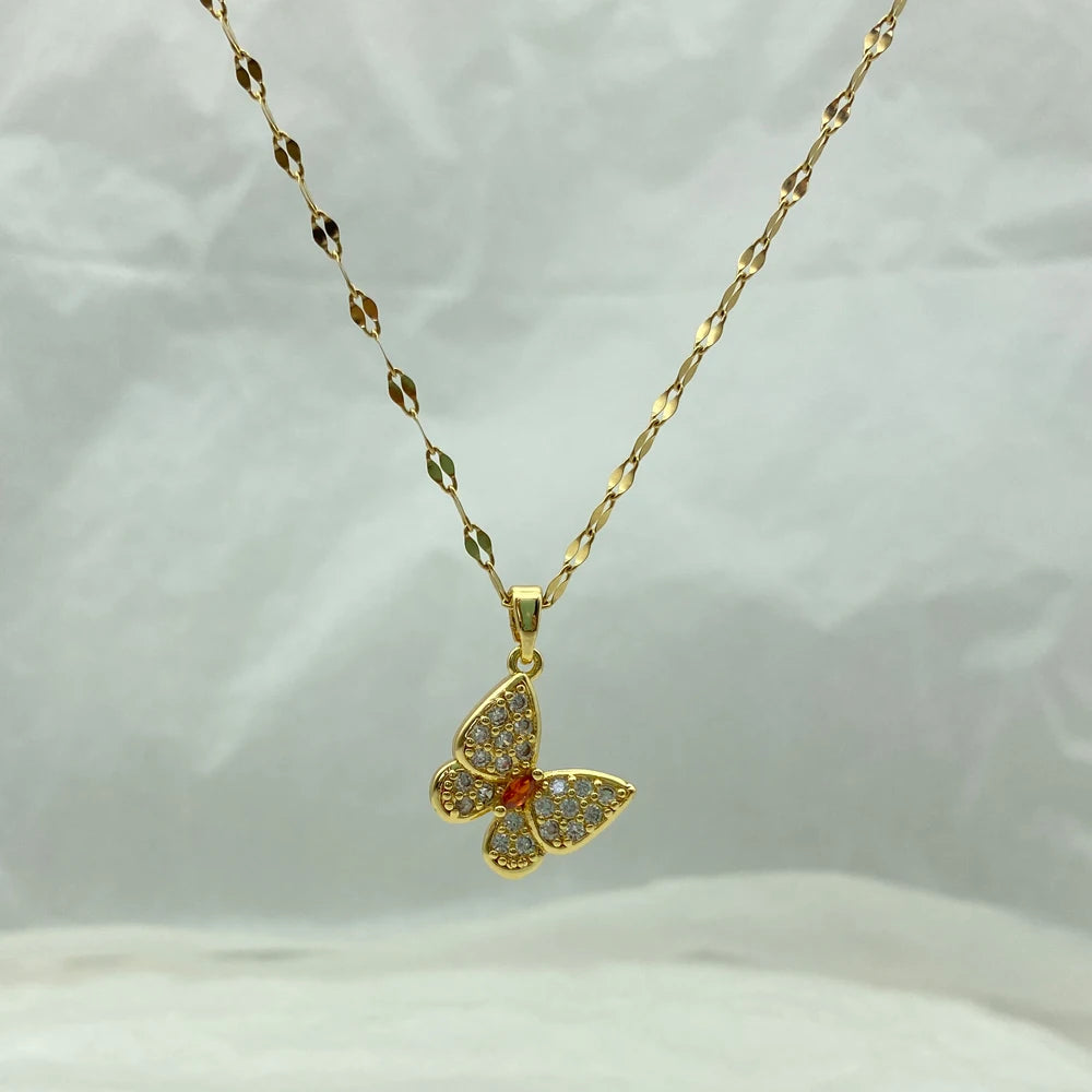 18K Gold Plated CZ Butterfly Pendant Necklace | Stainless Steel Chains