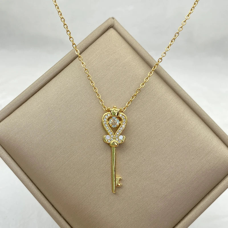 Crown Heart Key Pendant Necklace | Copper CZ | Stainless Steel Chain