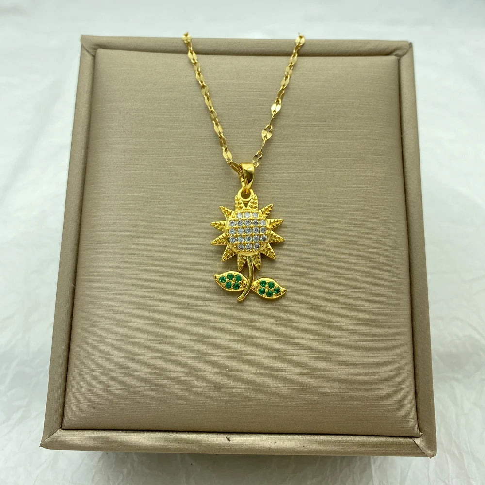 CZ Sunflower Pendant Necklace with Emerald Green Leaf | Stainless Steel Chain