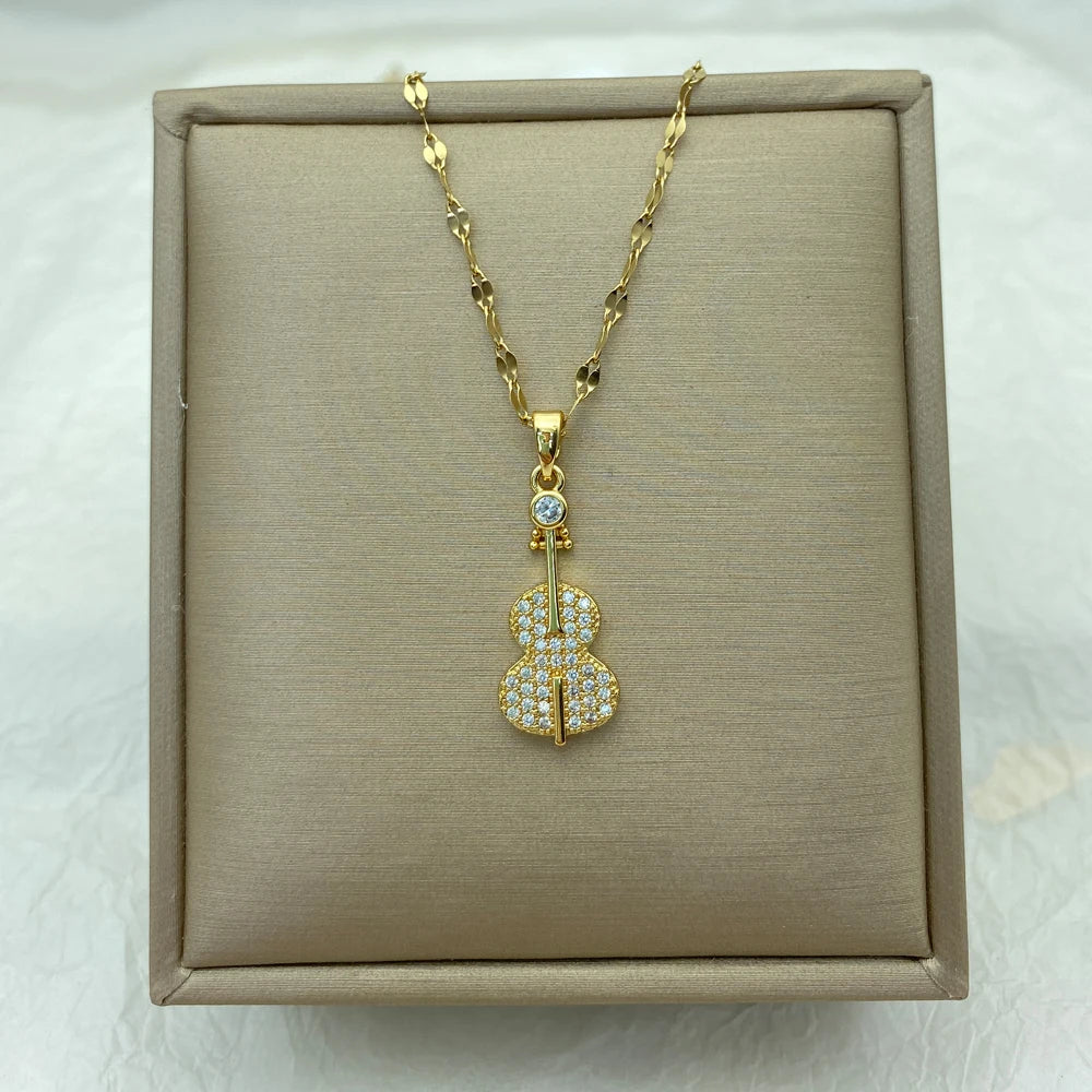 Violin Pendant Necklace for Women 2021 Jewelry  Gold Plated Titanium Steel Cute Necklace Luxury Choker Japanese Korean Wholesale