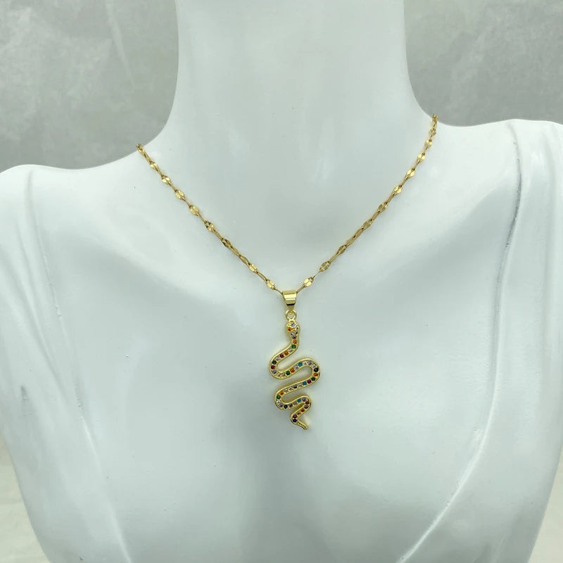 Gold Rainbow CZ Snake Charm Necklace | Stainless Steel Chain