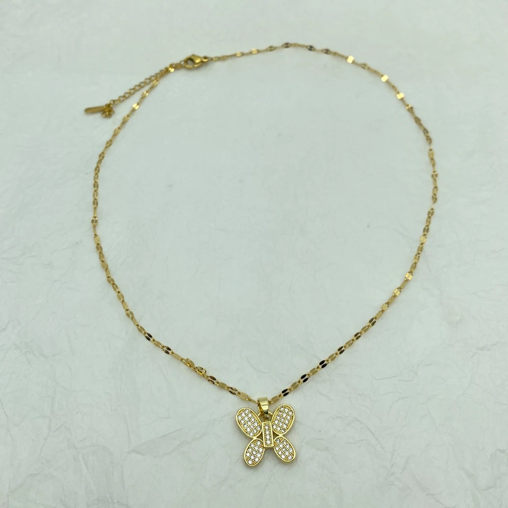 8K Gold Plated Pave CZ Butterfly Pendant Necklace | Stainless Steel Chain