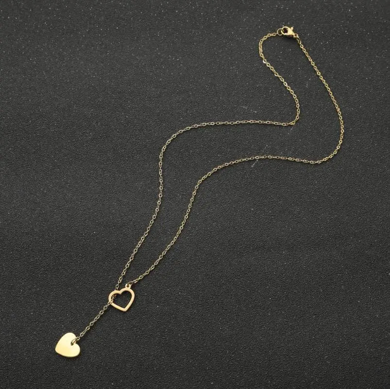 Stainless Steel Double Heart Lariat Y Necklace | 18K Gold | 45cm Chain
