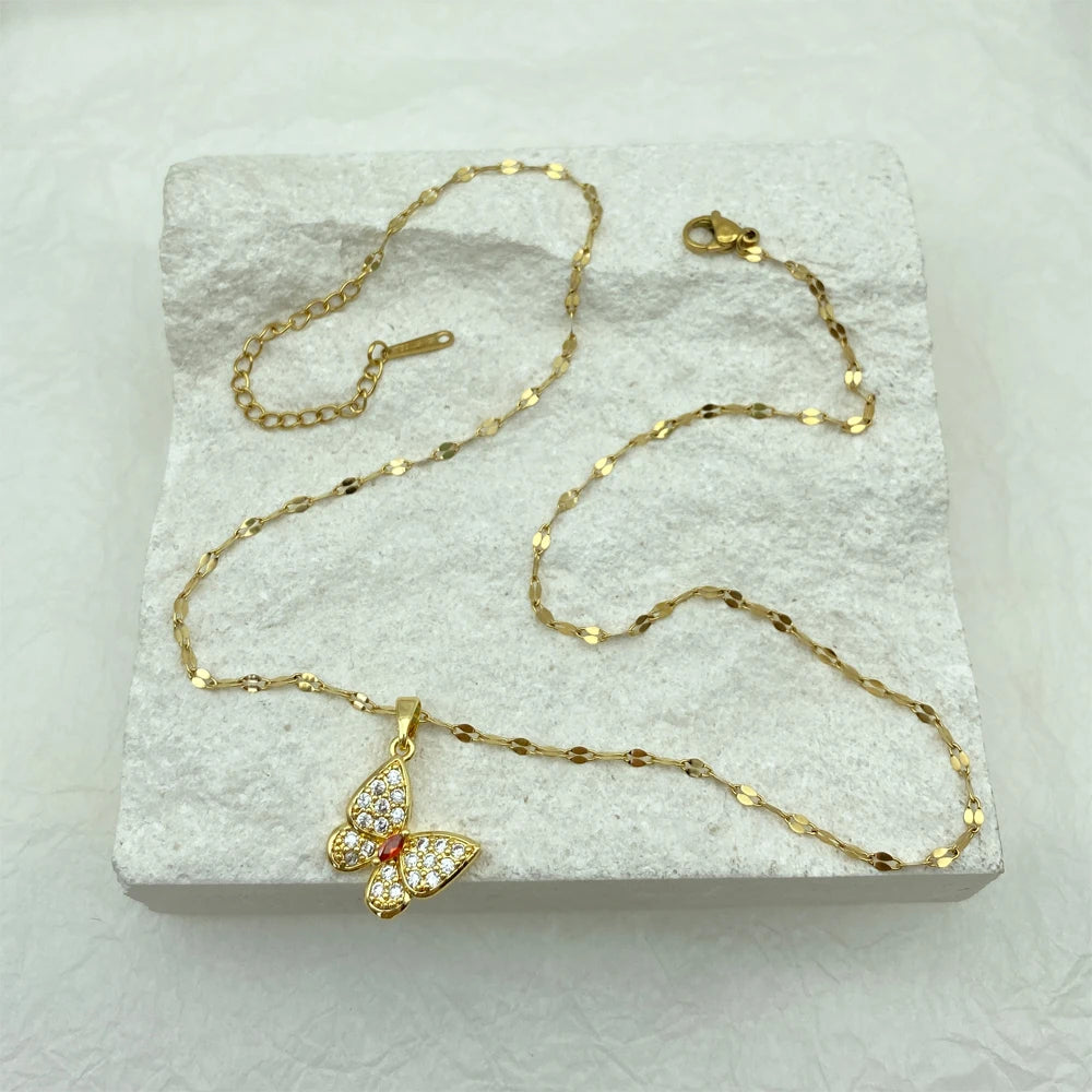 18K Gold Plated CZ Butterfly Pendant Necklace | Stainless Steel Chains