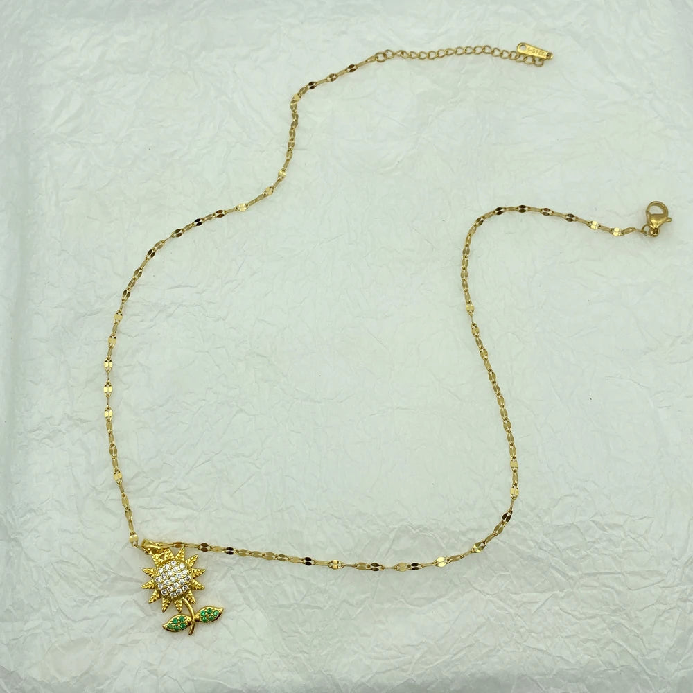 CZ Sunflower Pendant Necklace with Emerald Green Leaf | Stainless Steel Chain