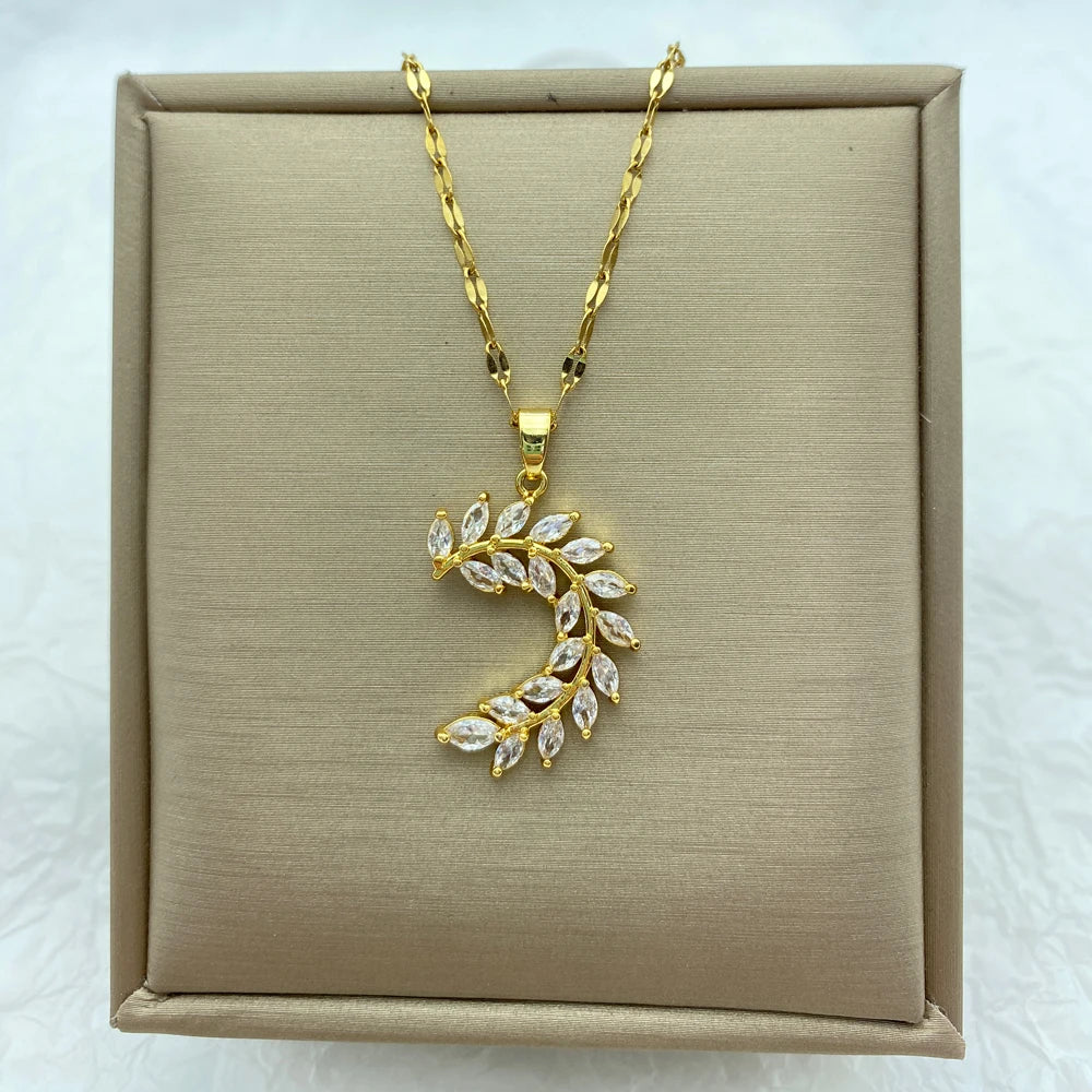 Gold Plated Olive Branch Pendant Stainless Steel Necklace For Women