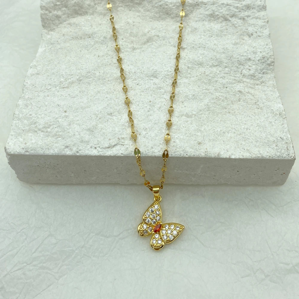 18K Gold Plated CZ Butterfly Pendant Necklace | Stainless Steel Chains