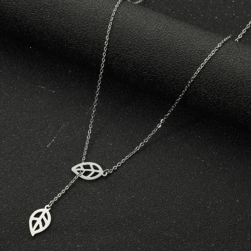 Gold Plated Hollow Leaf Lariat Y-Drop Necklace | Stainless Steel