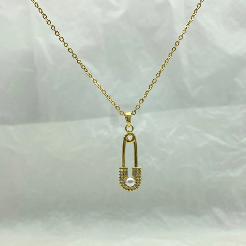 Pin Shaped Pendant With Pearl Gold Plated Stainless Steel Necklaces For Women Gift Fashion  Steel Jewelry Cute Style