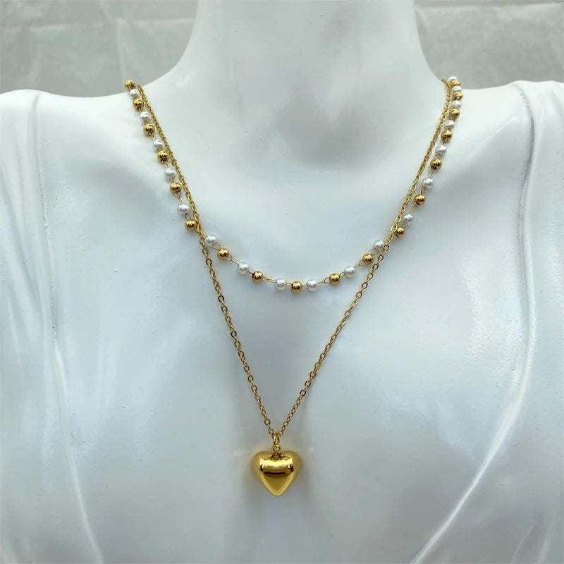 Stainless Steel Layered Pearl Chains Long Necklaces for Women