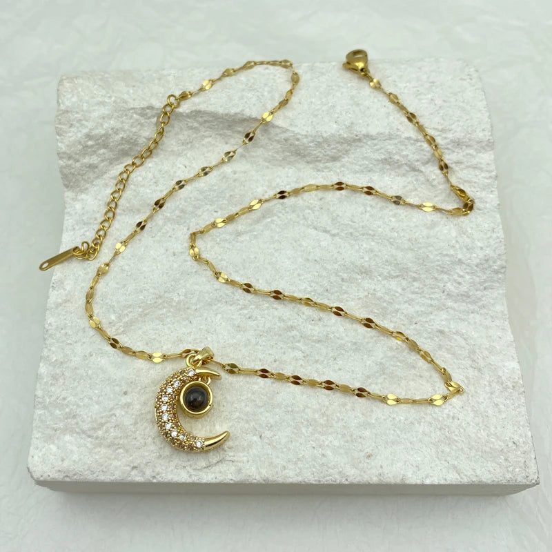 Pave CZ Crescent Moon & Projection Stone Pendant Necklace | Stainless Steel