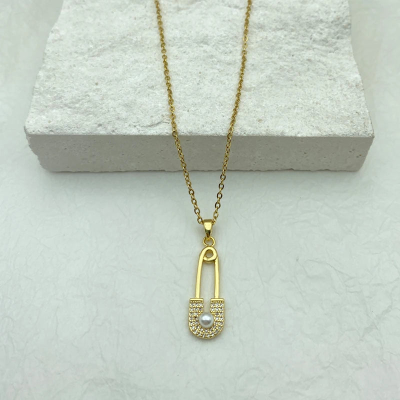 Pin Shaped Pendant With Pearl Gold Plated Stainless Steel Necklaces For Women Gift Fashion  Steel Jewelry Cute Style