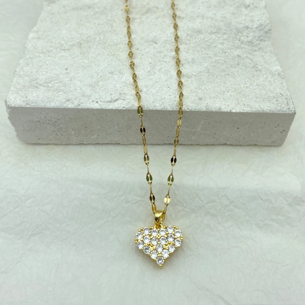 Gold Pave CZ Crystal Puffy Heart Pendant Stainless Steel Necklace