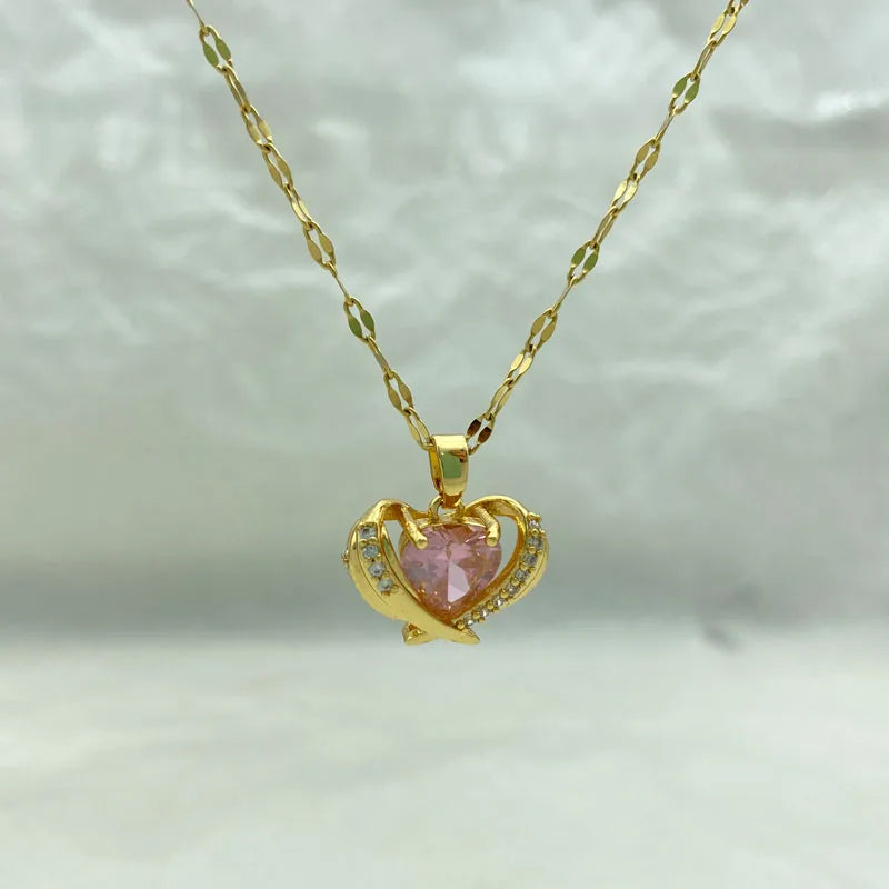 Pink Zircon Heart Pendant  Necklace For Women With Gold Plated Stainless Steel  Fashion Jewelry