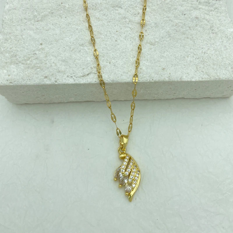 CZ Feather Leaf Pendant Necklace | 18K Gold Plated Stainless Steel