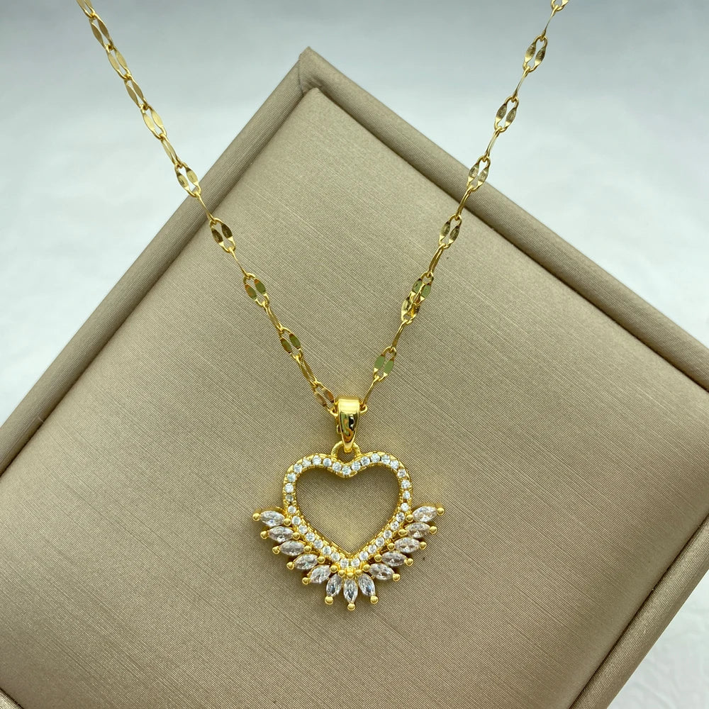 18K Gold Plated Open Heart Marquise CZ Pendant Necklace | Stainless Steel Chain