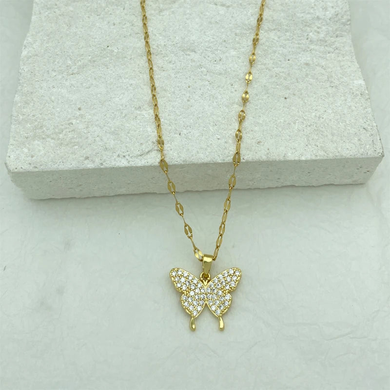 Gold Plated Necklace for Woman Gift With Stainless Steel Chain And Butterfly Zircon Pendant Fashion Jewelry