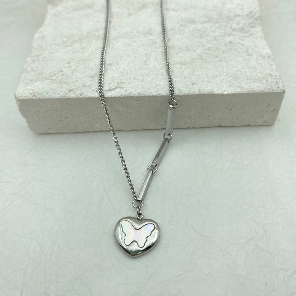 3D Puffy Butterfly Pendant Necklace | Silver Stainless Steel | Cuban Chain