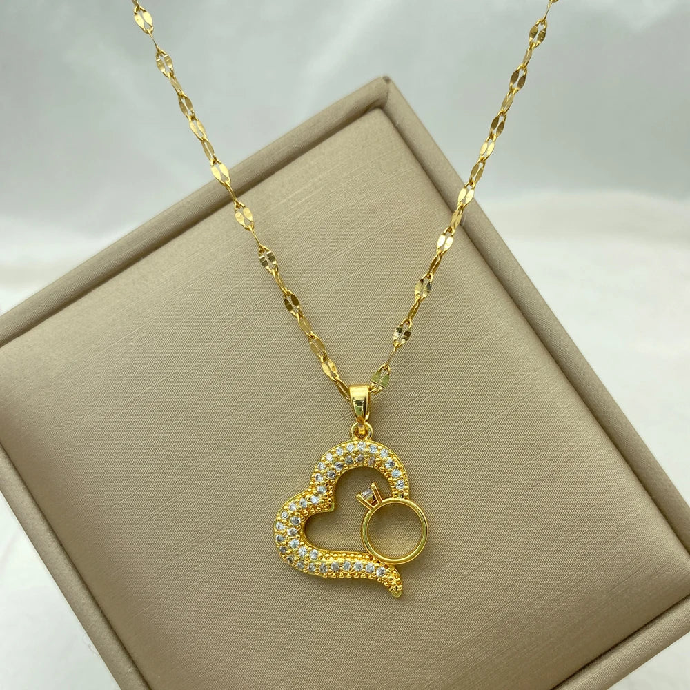Ring  Heart Pendant  Stainless Steel Necklace Accessory For Women  Fashion Jewerly Necklace New In Gifts For Girlfriend