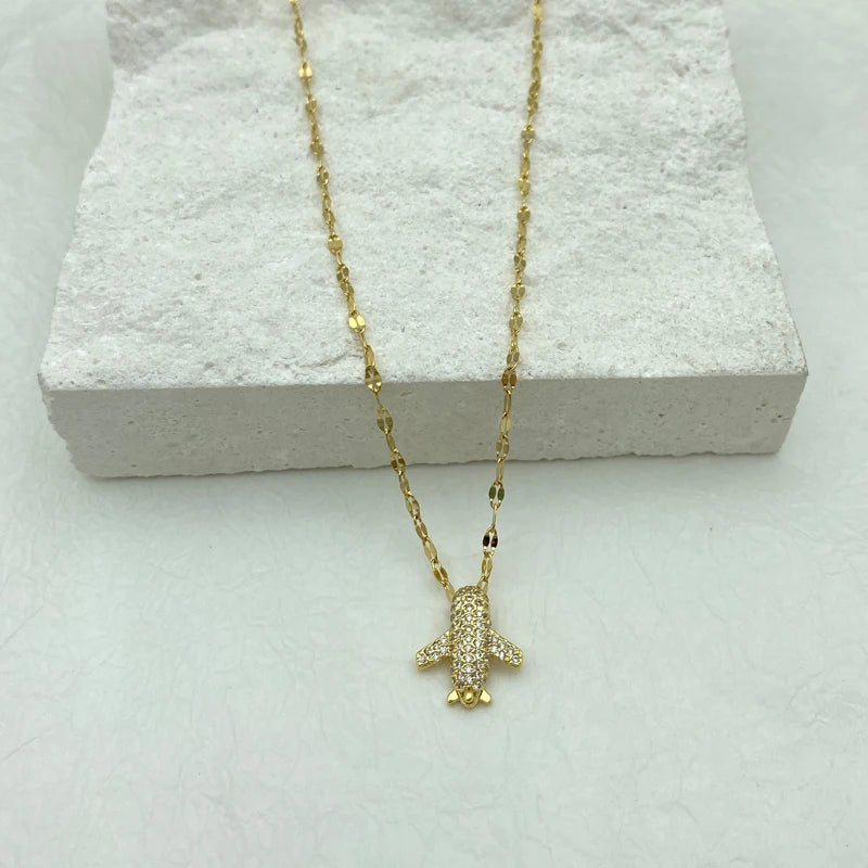 Pave CZ Airplane Pendant Necklace | 18K Gold Plated Stainless Stee