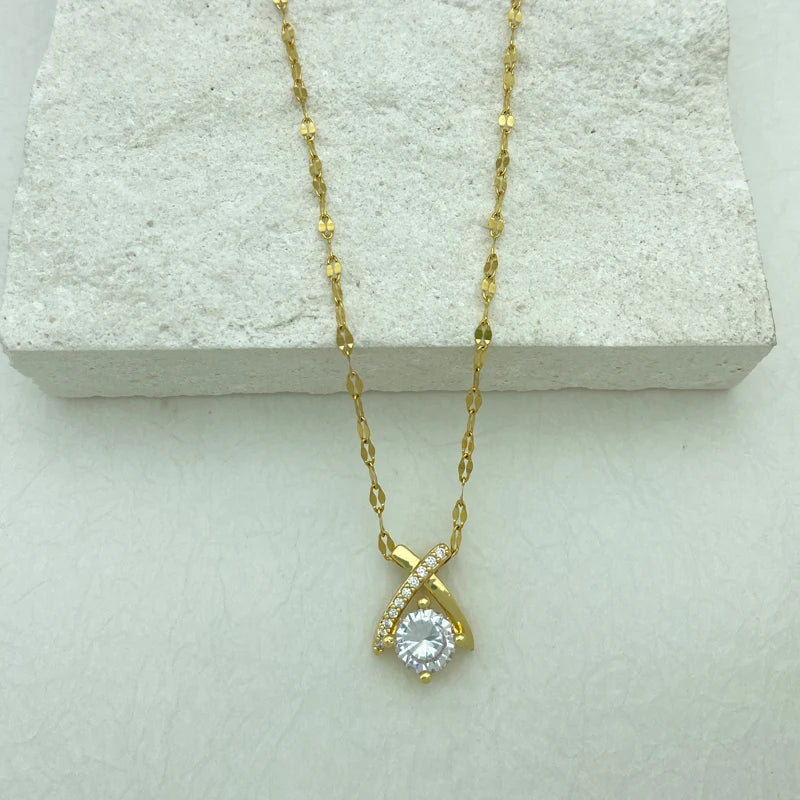 Round CZ Diamond-Cut Pendant Necklace|Stainless Steel Chains