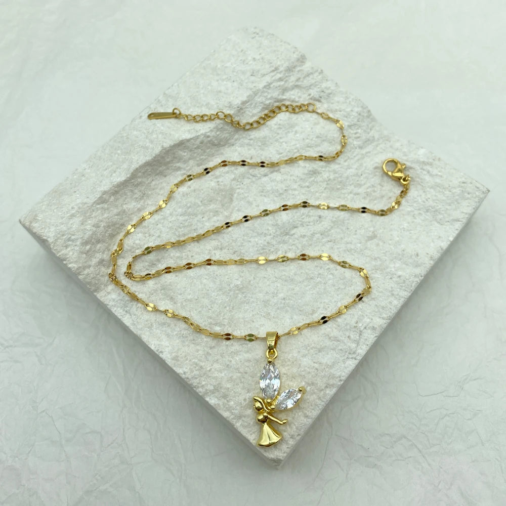 Angel Girl CZ Pendant Necklace 18K Gold Plated Stainless Steel Chain