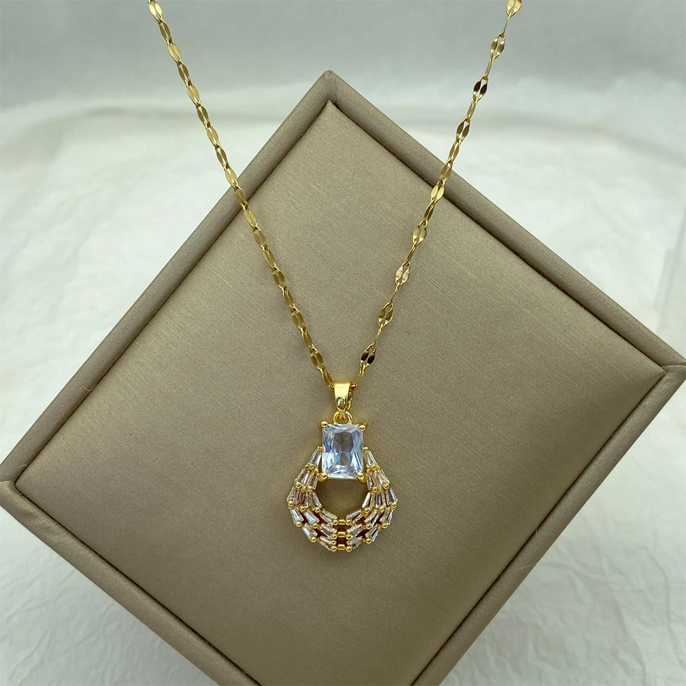 Gold Crystal Wreath Pendant Necklace |18K Gold Plated Stainless Steel Chains