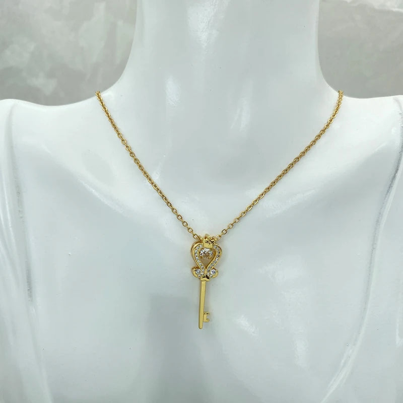 Crown Heart Key Pendant Necklace | Copper CZ | Stainless Steel Chain