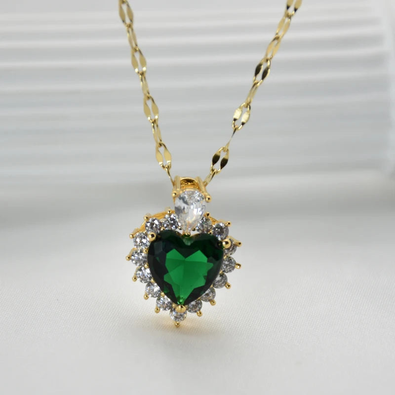Green Color Heart Pendant Steel Necklace Fashion Jewelry New In Accessories Stainless Steel Necklace For Women