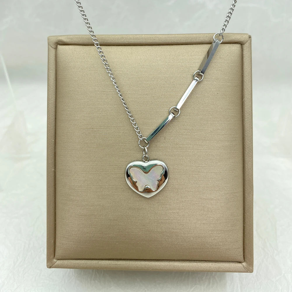 3D Puffy Butterfly Pendant Necklace | Silver Stainless Steel | Cuban Chain