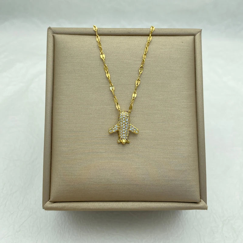 Pave CZ Airplane Pendant Necklace | 18K Gold Plated Stainless Stee