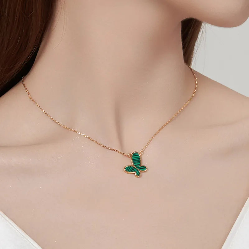 18K Gold Plated Malachite Butterfly Pendant Necklace | Stainless Steel Chain