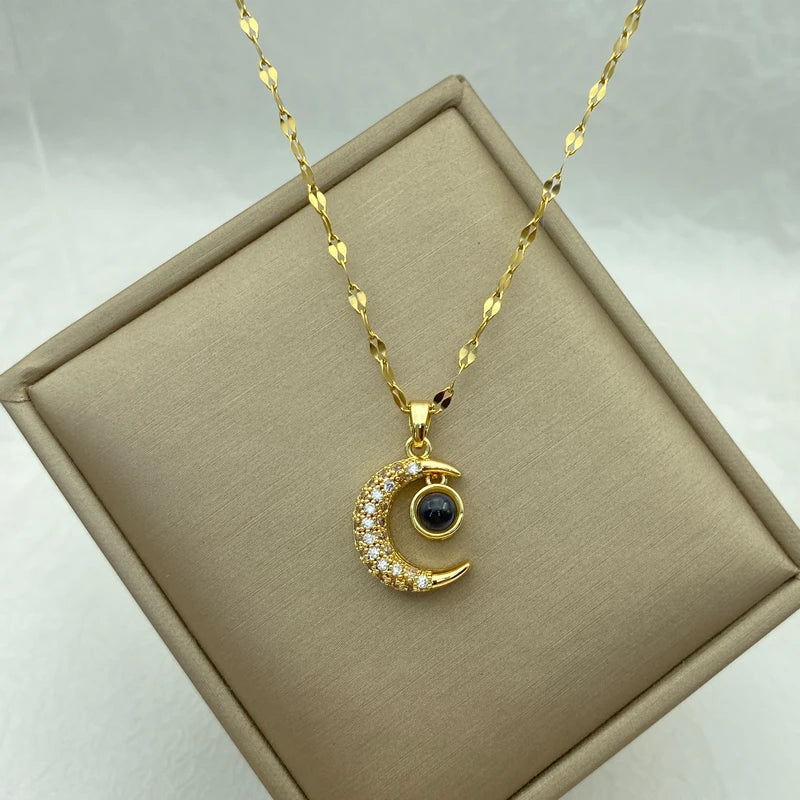 Pave CZ Crescent Moon & Projection Stone Pendant Necklace | Stainless Steel