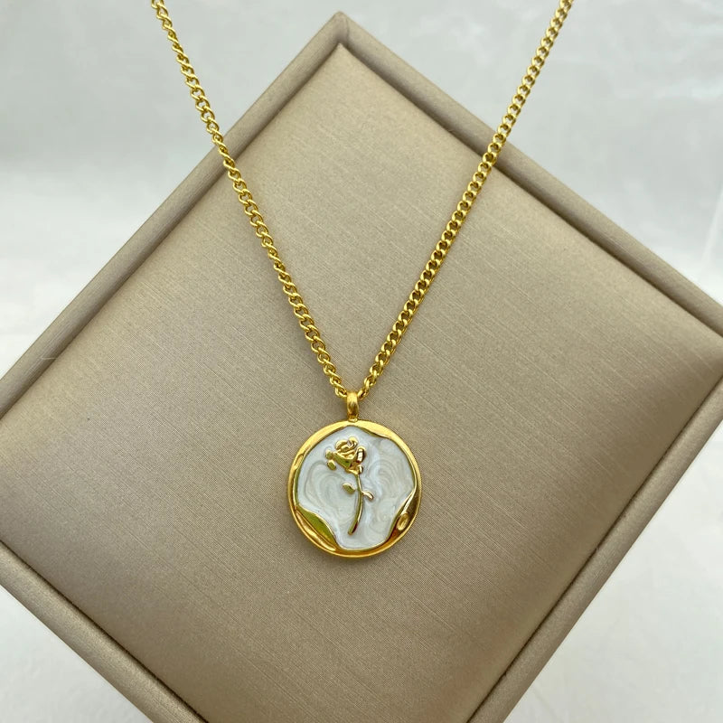 Mother of Pearl Rose Coin Pendant Necklace |  Stainless Steel Chains