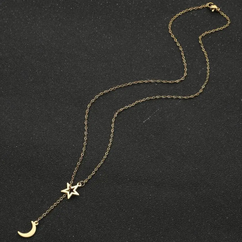 Star Moon Drop Lariat Necklace | 18K Gold Plated Stainless Steel