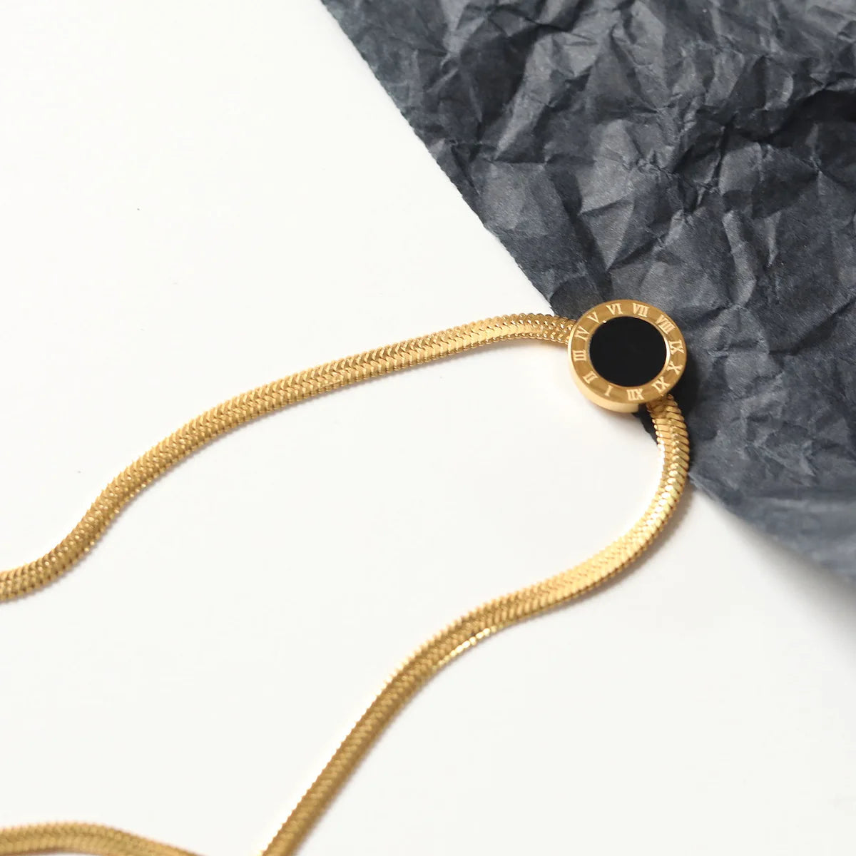 18K Gold Plated Black Onyx Round Pendant Herringbone Chain Necklace | Stainless Steel