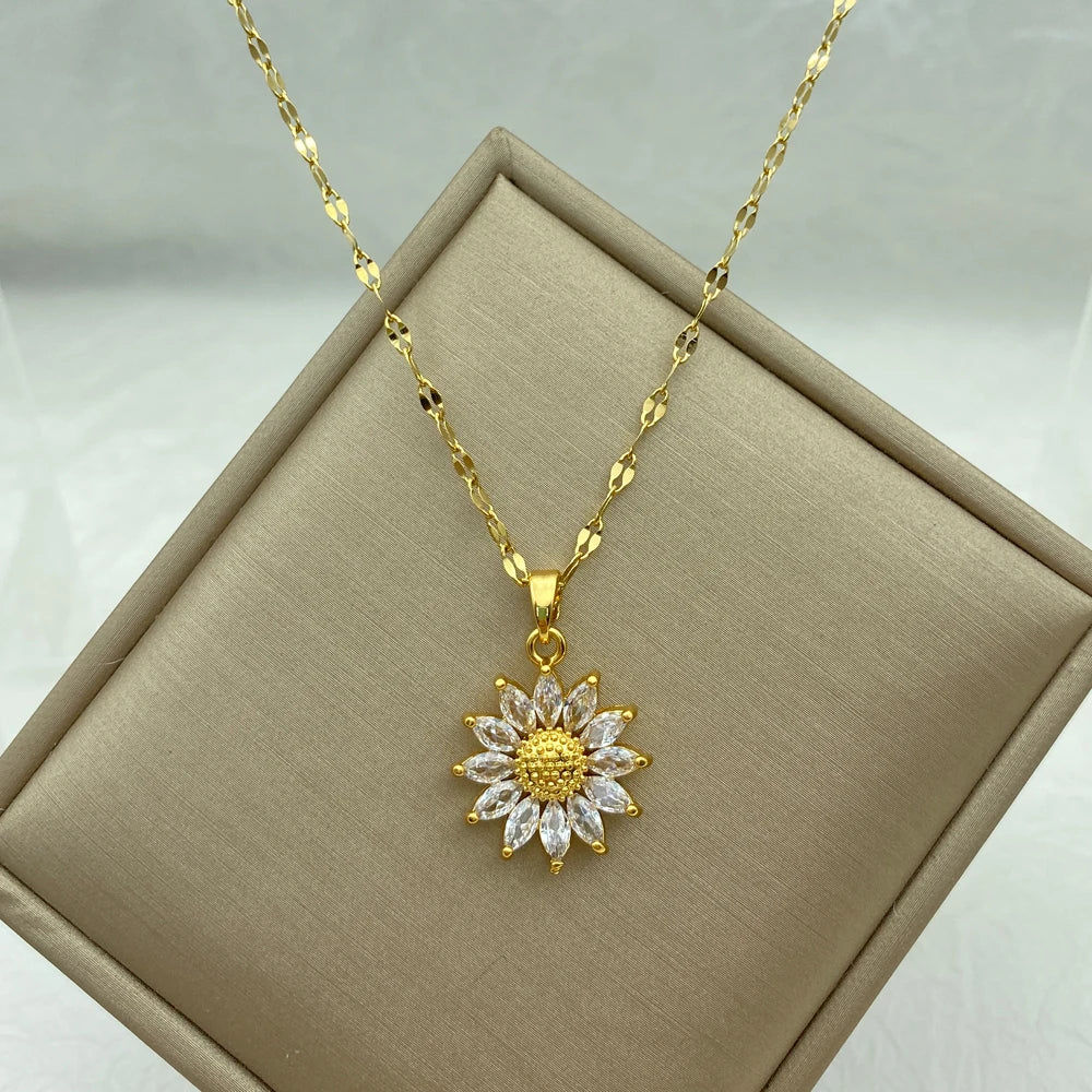 18K Gold Plated Sunflower CZ Pendant Necklace | Stainless Steel Chain