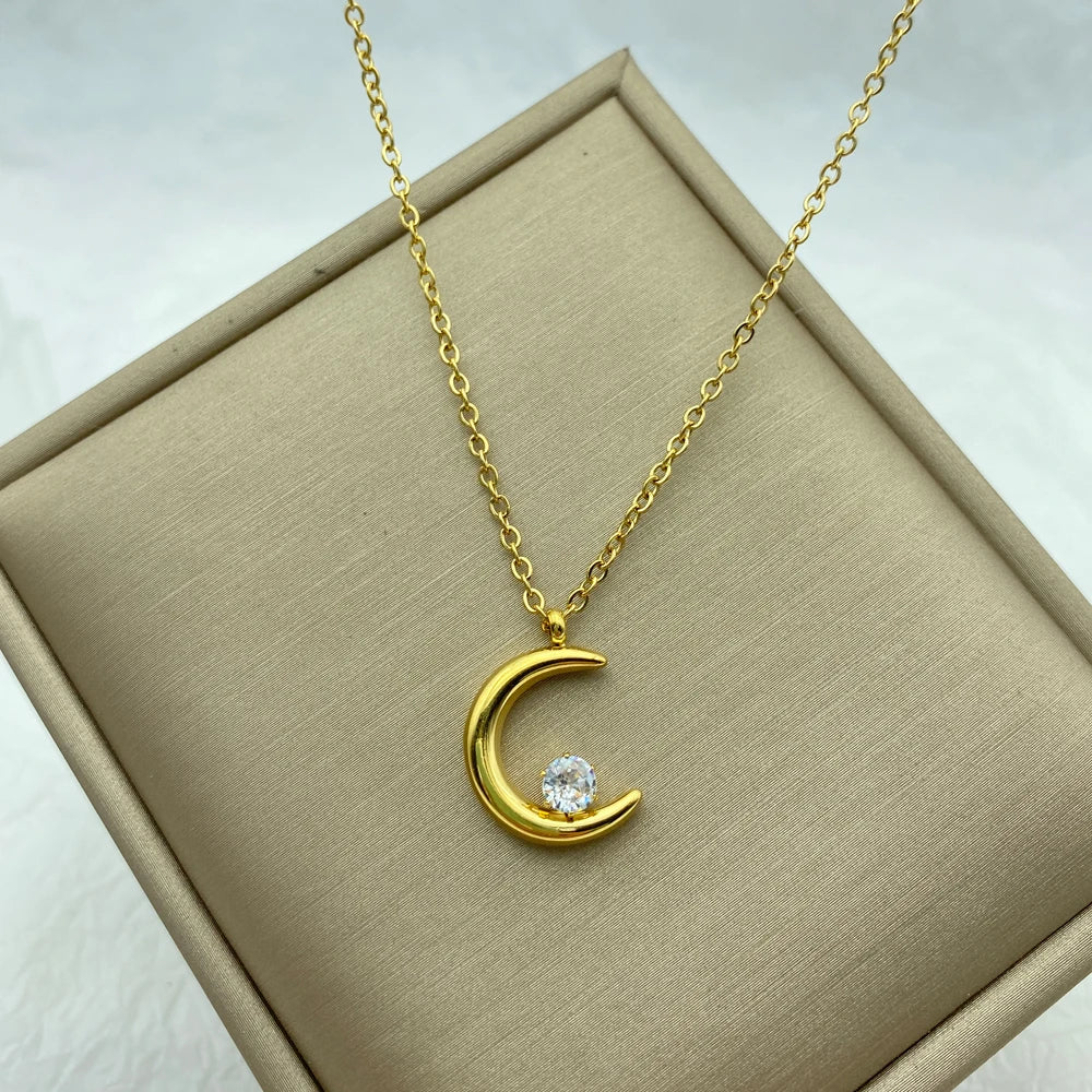 Moon Pendant With Zircon Stainless Steel Necklace For Women