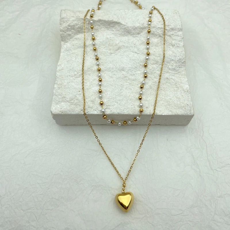 Stainless Steel Layered Pearl Chains Long Necklaces for Women